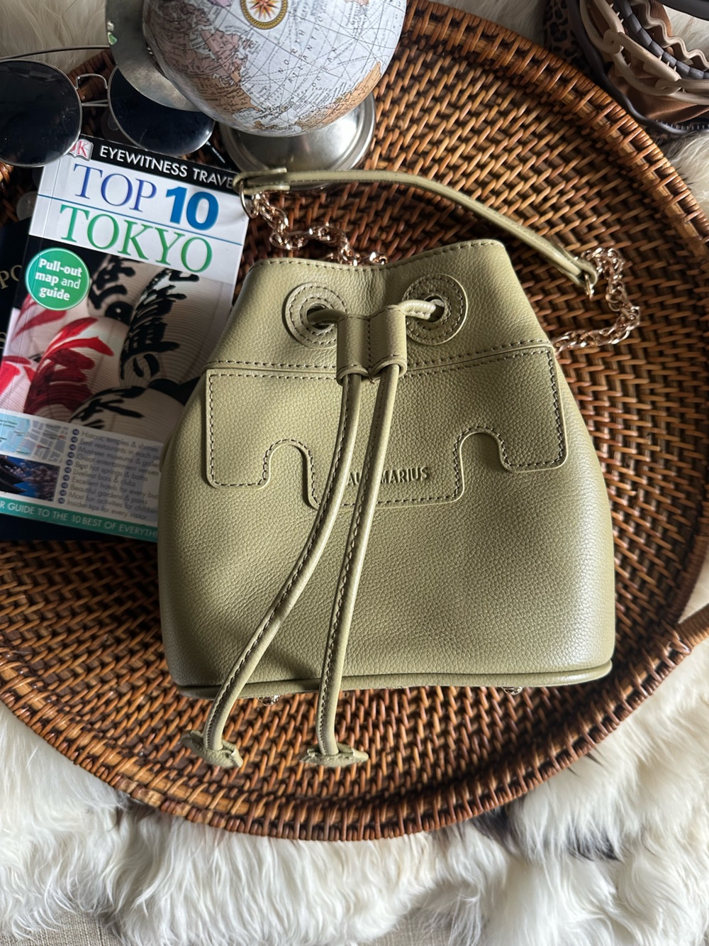 Paul Marius “Capucine” Almond Sage Green Leather Drawstring Bucket Crossbody Bag